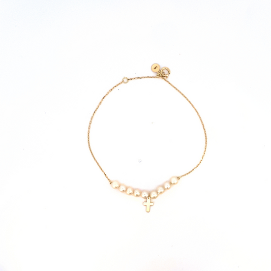 Pulsera de cadenita ajustable  de 14k con perlitas y mini Cruz
