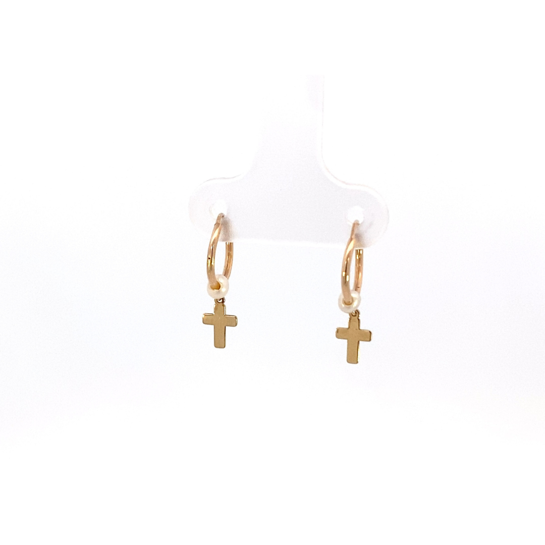 Aretes con minicruz y perlita oro 14 K