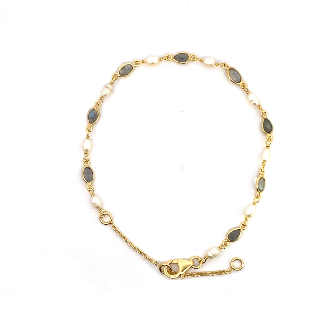Pulsera gemas de piedras naturales Labradorita y Perlas de río