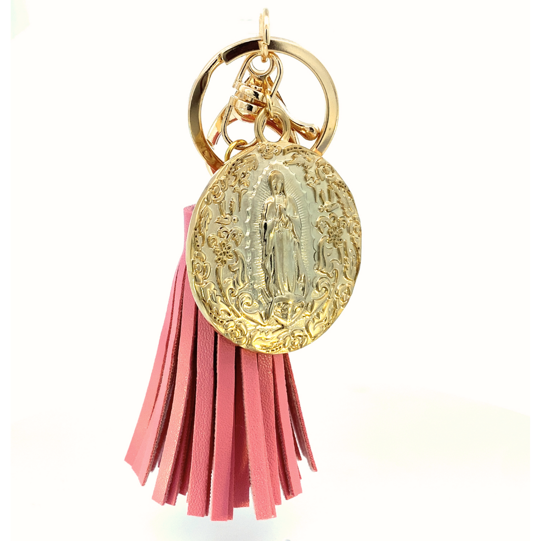 Llavero mota de piel con Medalla Virgen de Guadalupe plata
