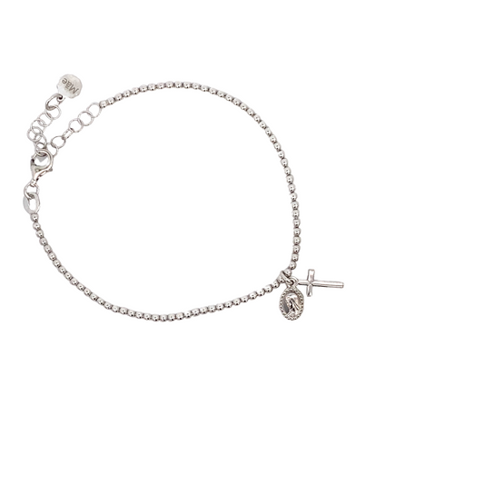 Pulsera bolitas de plata con la Virgen de Medugorje y cruz