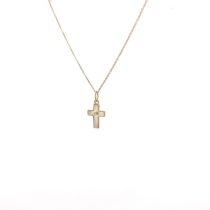 Cruz pequeña de oro 14 K con madre perla y circonia al centro