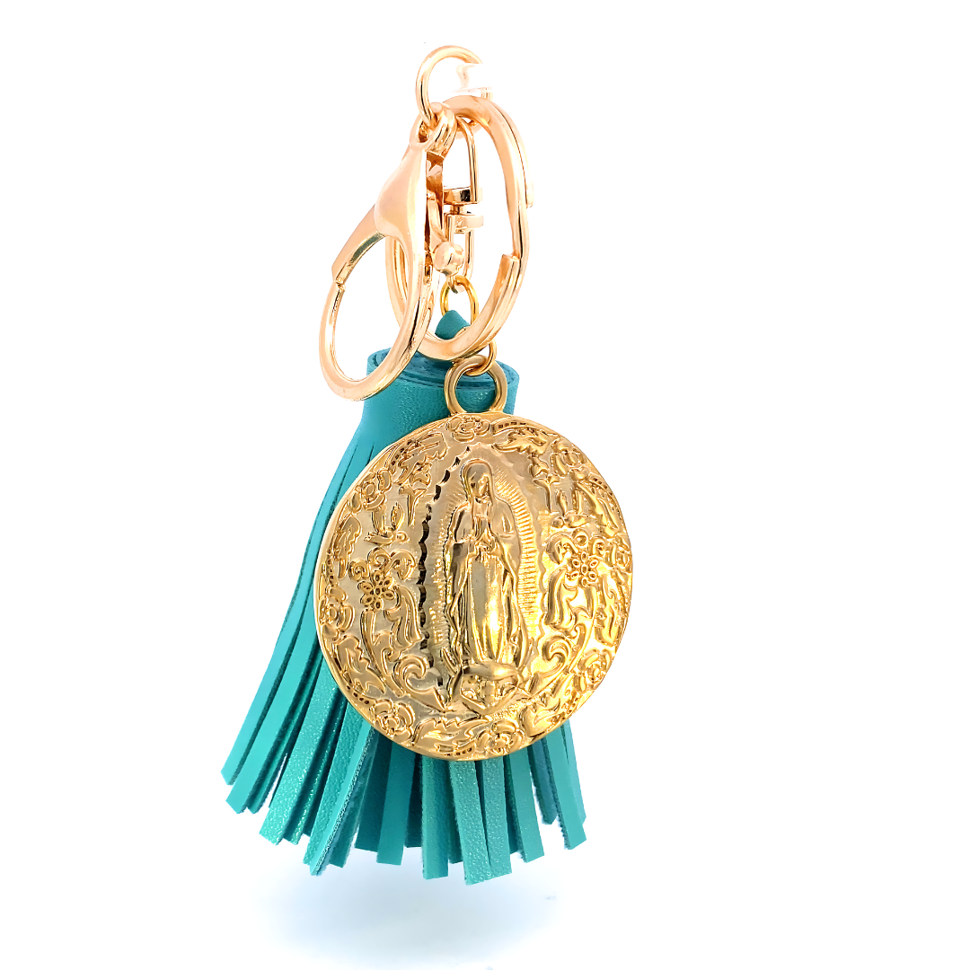 Llavero mota de piel con Medalla Virgen de Guadalupe dorada