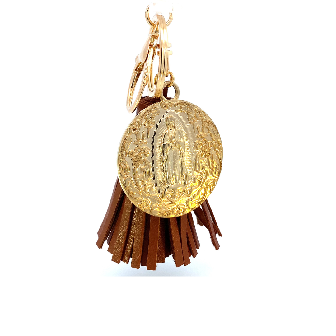 Llavero mota de piel con Medalla Virgen de Guadalupe dorada