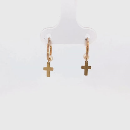 Aretes con minicruz y perlita oro 14 K
