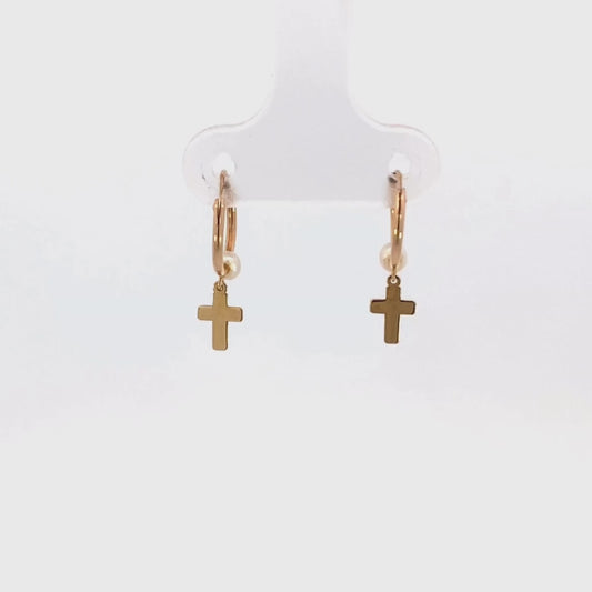 Aretes con minicruz y perlita oro 14 K