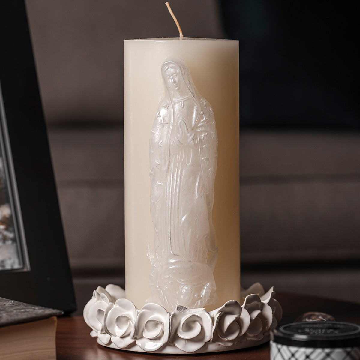 Virgin of Guadalupe candle with ceramic base