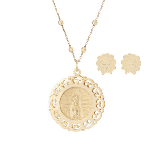 Set medalla de la Virgen de Fátima con aretes de borrego