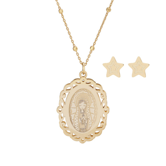 Set Medalla de la Virgen de Guadalupe con aretes de estrella