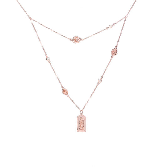 Collar Virgen de Guadalupe cadena doble con rosas y circonias